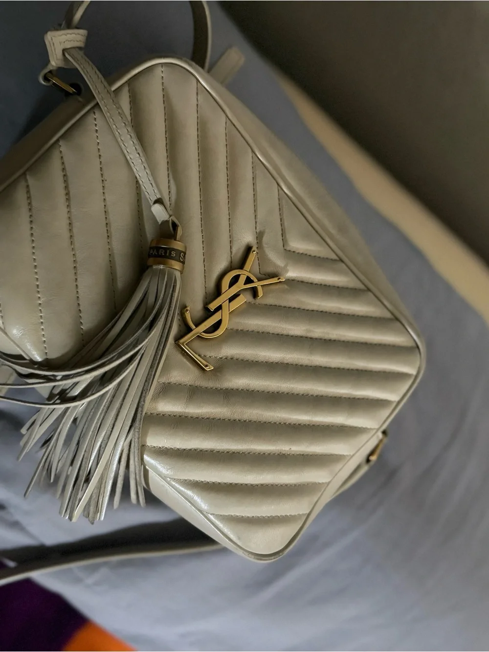 Saint Laurent Cream Quilted Crossbody Camera Bag with Gold YSL Hardware